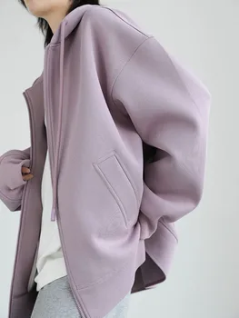 Femei Hoodies Culoare Solidă Zip Buzunar Supradimensionat Harajuku Coreean Jachete Femei Maneca Lunga Cu Gluga Streetwear Top Casual