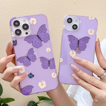 Violet Fluture Telefon Caz Pentru iPhone 14 13 11 12 Pro Max XS XR X 7 8 Plus SE Flori Albe Moi Colorate IMD Capac Transparent