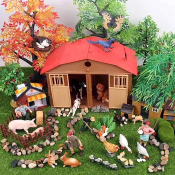 Oenux Simulare Fermă de Păsări de curte de Porc, Iepure, Pasăre, Animale, Figurine de Acțiune Copac, Gard, gazon Decoratiuni de Gradina Model de Jucarie Pentru Copil Cadou