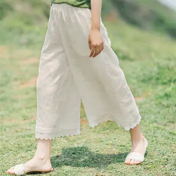 Lenjerie de bumbac și Pantaloni Largi Picior Femei de Vară Talie Elastic Vițel-lungime Pantaloni Dantela Verde Bej Vrac Casual Cânepă Pantaloni Drepte