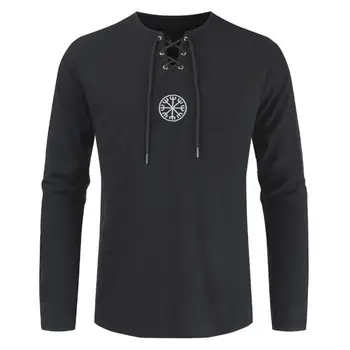 2020 Nou Design Unic, Stil Vintage Bărbați Plus Dimensiune Vechi Viking Broderie Dantelă Up V Gatului Maneca Lunga T-Shirt Top trendy