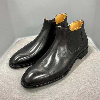 Elegant Chelsea Cizme Originale de Vacă din Piele Barbati Pantofi Glezna cu Elastic Negru Aluneca pe Formală de Afaceri Cizme de Moda pentru Bărbați