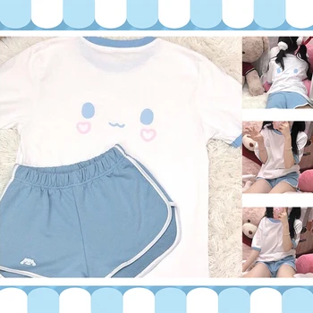 Kawaii Sanrio Fete T-Shirt, pantaloni Scurți Set Cinnamonll Pijama Japonia Anime Print Sport Costum de Haine Casual Școală Costum de Haine Drăguț