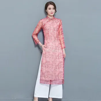 Femei Șifon Aodai Vietnam Îmbrăcăminte Tradițională Ao Dai Vietnam Haine Și Pantaloni 2 Bucata Set Pentru Femei Rochii Îmbunătățit Cheongsam