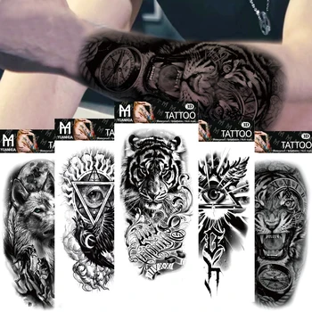 Pădurea neagră Autocolant Tatuaj pentru Barbati Femei Copii Tigru Lup Moartea Craniu Tatuaj Temporar Fals Henna Skeleton King Animal Tatoo