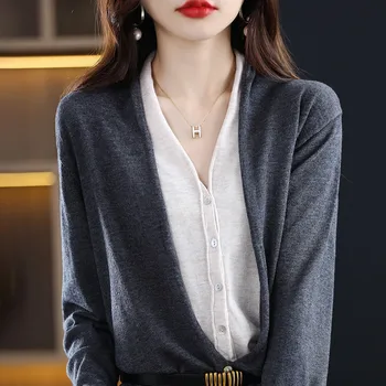 Retro Toamna Femei Versiunea coreeană V-Neck Împletit Fals din Două Piese de Lână Cardigan Elegant Liber Moale Chic Strat Tricotate