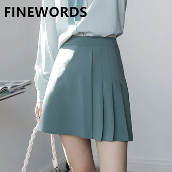 FINEWORDS Talie Mare Albastru Fuste Plisate Femei O Linie Sexy Mini-Fuste Scurte coreean Elegant Solid Casual Easymatch Fusta de Moda