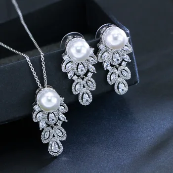 Moda Elegant de Struguri formă Set de Bijuterii Perla Picătură Cercei Cu Cubic Zirconia Ciucuri Colier Romantic de Mireasa Cadou de Nunta