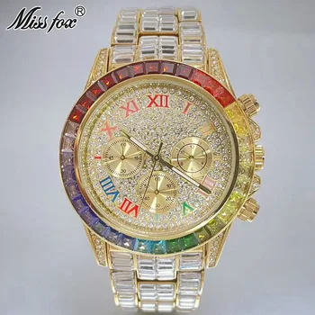 Brand de moda MISSFOX Aur de 18K Hip Hop Ceas Pentru Barbati de Gheață Afară Impermeabil Ceasuri Curcubeu Diamant Ceasuri Reloj de sex Masculin Hombre