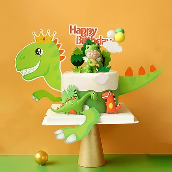 Orange Argila Verde Desene animate Dinosaur Coco Copac Frunze Băiat Ziua de naștere Tort Fân Desert Decor