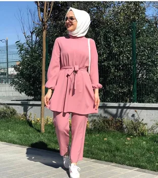 Musulman Două Bucata Set Femeile Ramadan Abaya Turcia Hijab Rugăciune Rochie Largi Picior Pantaloni costume Khimar Caftan Marocan Musulman Haine