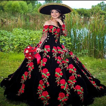 Printesa Negru Rochii Quinceanera 2022 Stil Mexican Pe Umeri De Flori De Trandafir Bal Rochie Cu Maneci Lungi Rochie De Bal Dulce 15 Partid