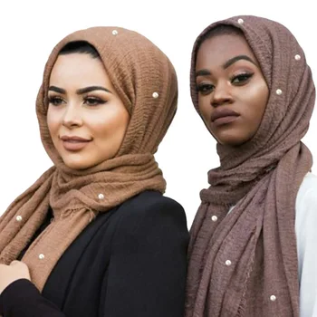 Femeile Încrețite Nor Hijabs Moale Mare Turbanul Musulman Cap Eșarfă Lungă Plisate Șaluri Cu Margele Perle De Moda Islamice Feminin Împachetări