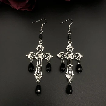 Cruce neagră Granat și Candelabru de Cristal Cercei Goth Mare Trad Gotic Declarație de Bijuterii Rock Superb Cadou pentru Femei de Moda