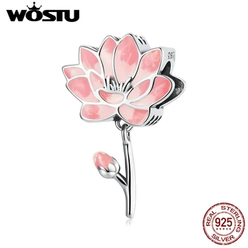 WOSTU Argint 925 Roz Floare de Lotus Proaspete Farmecul Șirag de mărgele Pandantiv Original se Potrivesc Brățară Colier Pentru Femei Bijuterii CQC2157