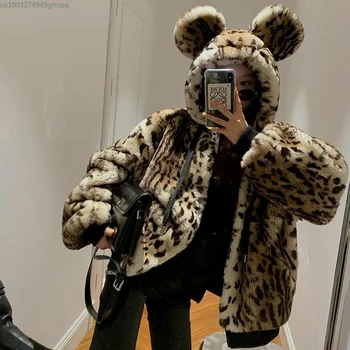 Iarna Harajuku Fete Dulci Leopard De Imprimare Haină De Blană De Înaltă Calitate Haină De Blană De Iepure, Urechi Roz Faux Blana Haina Streetwear Femei Drăguț