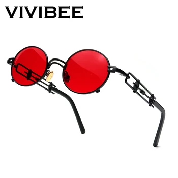 VIVIBEE Punk Oval Roșu ochelari de Soare Barbati Metal Cadru Negru Hip-Hop pentru Femei Vintage Mici Ochelari de Soare ' 90 Accesoriile Steampunk