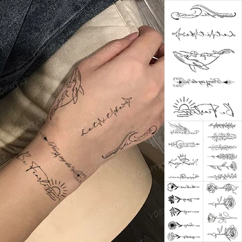 Linie Tatuaj Floare Simplă Delfin Sun Wave Black Flash De Cuvânt Impermeabil Tatuaj Temporar Autocolant Bărbați Femei Brațul Body Art Tatuaj Fals