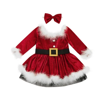 Copii Fata de Crăciun Dress Set, Maneca Lunga cu Blană Mozaic Belted Rochie cu Bowknot Bentita pentru Cosplay Petrecere