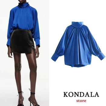 KONDALA Za 2021 Vintage din Satin Albastru Bluze Guler Maneca Lunga Vrac Elegant Tricouri Femei Moda Mujer Topuri