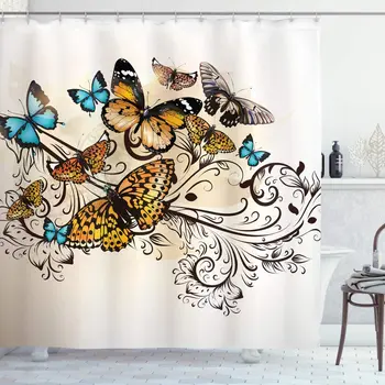 Fluture Perdele de Dus Fluturi Monarh Epocă Damasc Inspirat de Proiectare Tesatura de Decor Baie Set cu Cârlige Turcoaz Ecru