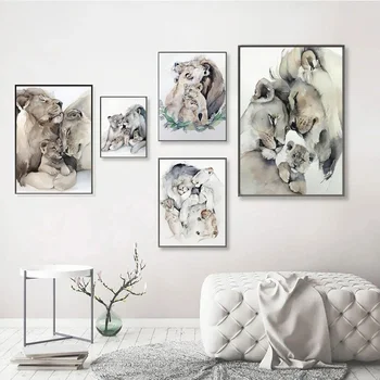 Leu Familia Acuarelă Poster Cald Animale de Dragoste Panza Pictura de Perete de Arta de Imprimare Imagine pentru Living, Dormitor Modern, Decor Acasă