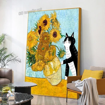 Cat Răstoarnă lui Van Gogh Floarea-soarelui Panza Pictura in Ulei Amuzant Pisica Art Postere si Printuri Abstracte de Arta de Perete Pictures Home Decor Cameră
