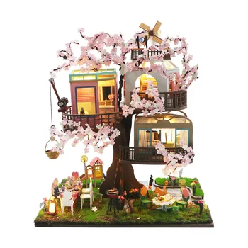 DIY din Lemn, Case Papusa Sakura Copac Casa in Miniatura Kituri de constructie Papusi Cu Mobilier, Jucarii pentru Fete, Cadouri de Craciun