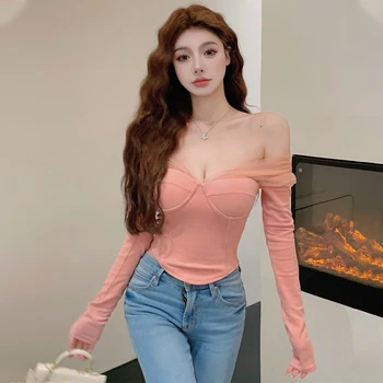 Femei Strapless Plasă de Patch-uri fara Spate Subțire tricouri Culoare Solidă Doamna Slash Gât Sexy Bodycon T-shirt 2022 Primăvară coreean Mujer de Sus