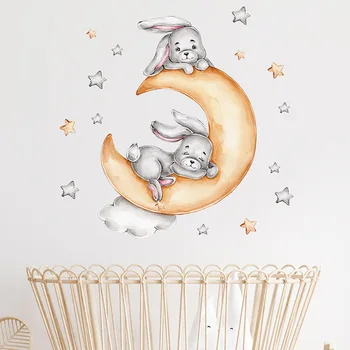 Acuarelă Animale Doi Iepurași Joacă pe Aur Luna Autocolante de Perete pentru Camera Copii Copil Pepinieră Cameră Decalcomanii de Perete Acasă picturi Murale