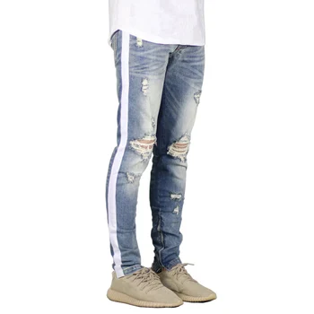 Moda Barbati Jeans Stretch Skinny Blugi Rupti Cu Dunga Partea Y5035