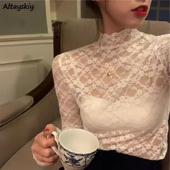 Bluze Femei de Moda Elegant Elegant de Vara All-meci Simplu de Dantelă de Imprimare Gol Afară de Proiectare Doamnelor Topuri Ulzzang Jumătate Guler Înalt