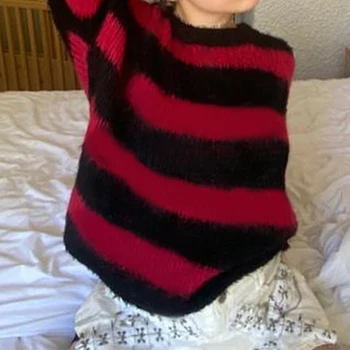 E-fată Gotic, Grunge Pulovere Largi Întuneric mediul Academic cu Dungi Tricotate Pulovere de Toamna cu Maneci Lungi Largi, Pulovere Harajuku Haine