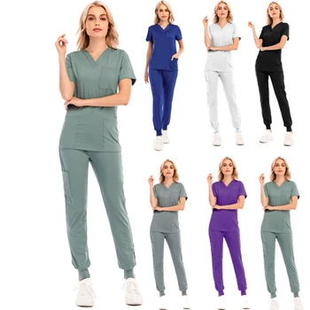 Unisex Scrub Costume Scrubs Set pentru Femei Joggeri Topuri+pantaloni Medic de Spital care Alăptează Uniformă V-neck Culoare Solidă Chirurgicale, echipamente de Lucru