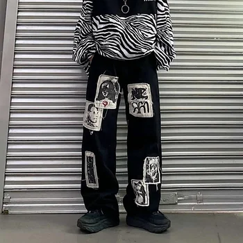 American High Street Punk Grunge Mozaic Blugi Negri Femei Hip Hop Streetwear Print Supradimensionat Pantaloni Largi Picior Pantaloni De Moda