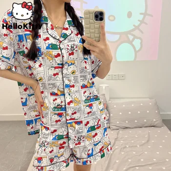 Sanrio Hello Kitty Desene Animate Y2k Vara Dulce Stil Nou Drăguț Cardigan Bumbac Scurt Pijamale Femei Costum Vrac Montarea Homewear Set