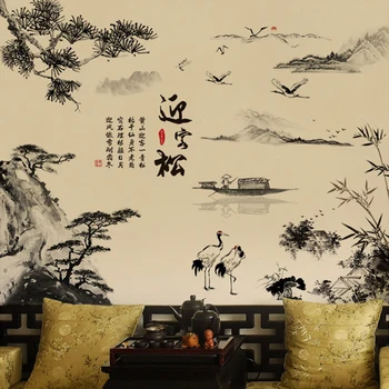 Chineză stil de cerneală pictura peisaj decalcomanii de perete pin barca decor acasă, PVC, tapet vinil, Bambus munte decalcomanii de perete